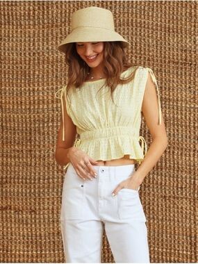 Altar'd State Cream Eyelet Tie-Shoulder Crop Top with White Jeans